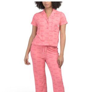 NWT PARIS HILTON Pink Ribbed Notch Collar Top & Pocket Pant Sleep Set Size M